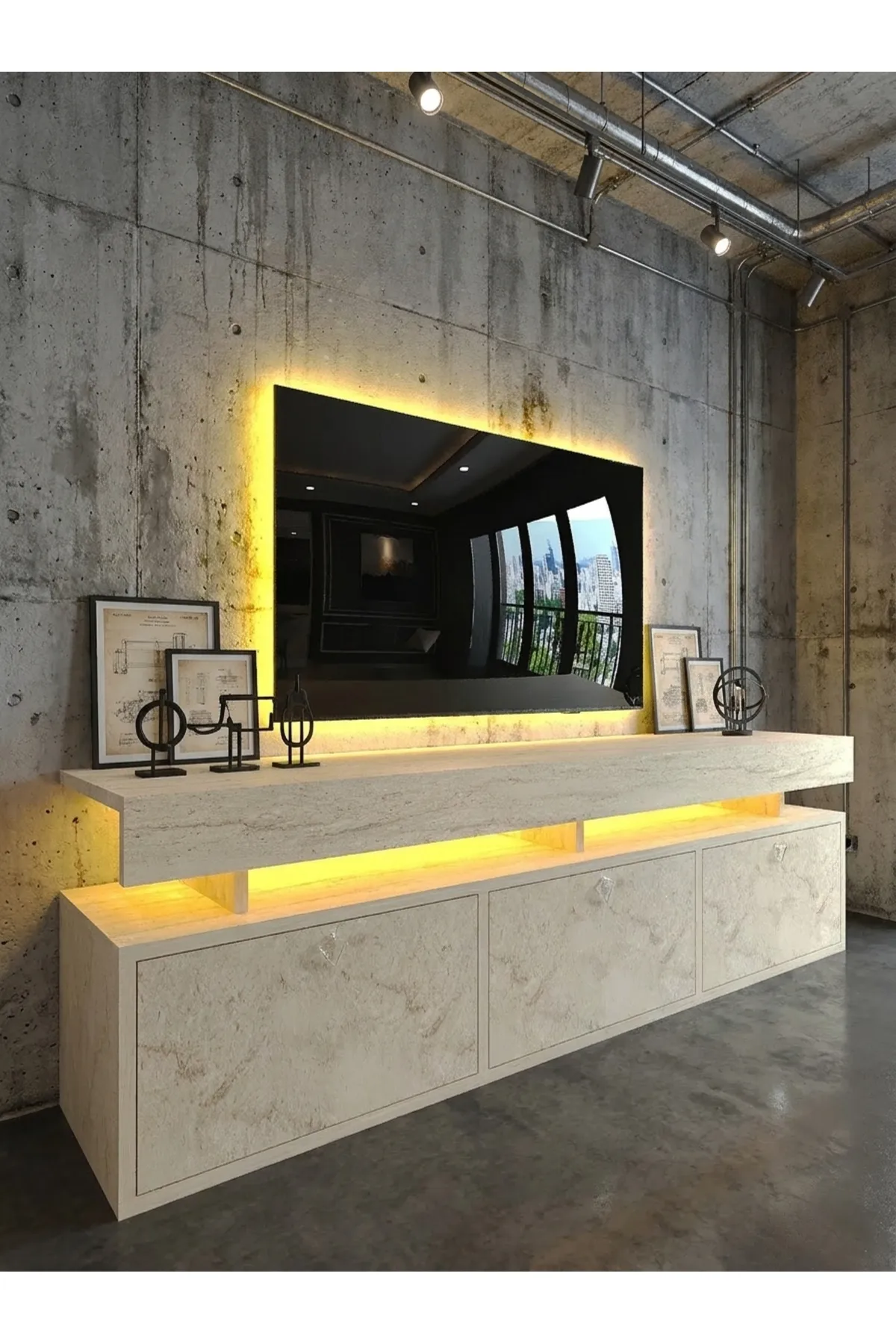 KARNAVAL LEDLİ TV ÜNİTESİ 150 cm Dolaplı Kapaklı Tv SehpasıTRAVERTEN L8203-8