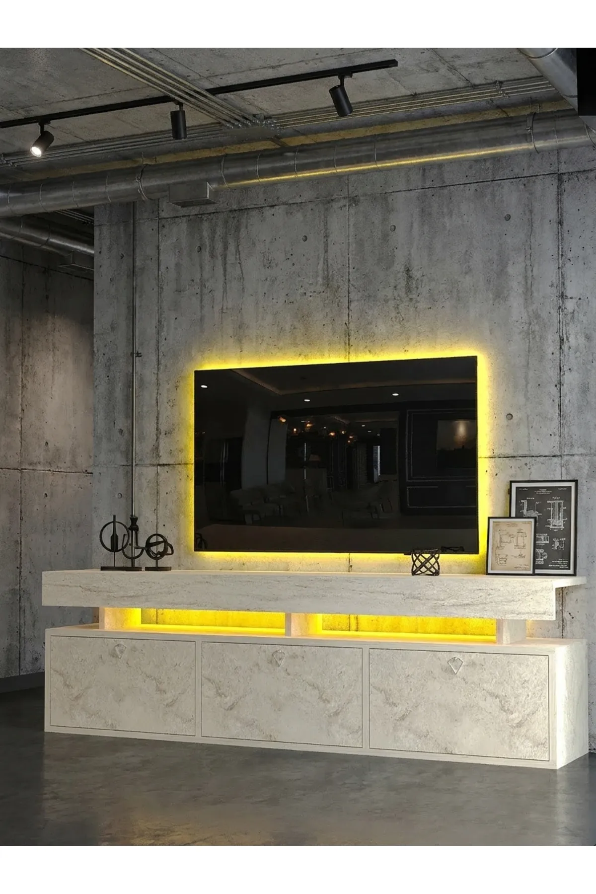 KARNAVAL LEDLİ TV ÜNİTESİ 150 cm Dolaplı Kapaklı Tv SehpasıTRAVERTEN L8203-8