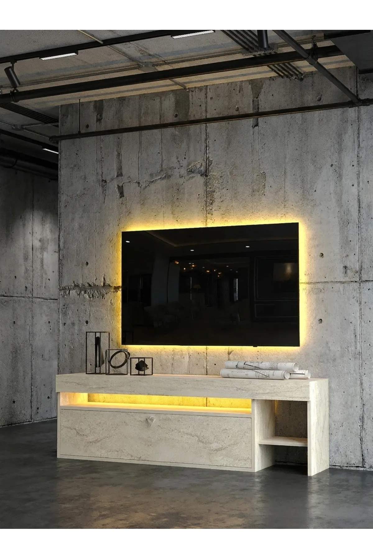KARNAVAL LEDLİ TV ÜNİTESİ 150 cm Dolaplı Kapaklı Tv SehpasıTRAVERTEN L8205-8