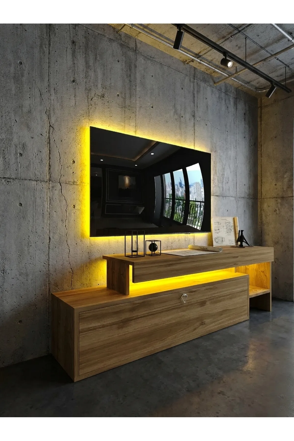 KARNAVAL LEDLİ TV ÜNİTESİ 147 cm Dolaplı Kapaklı Tv SehpasıCEVİZ L8204-2