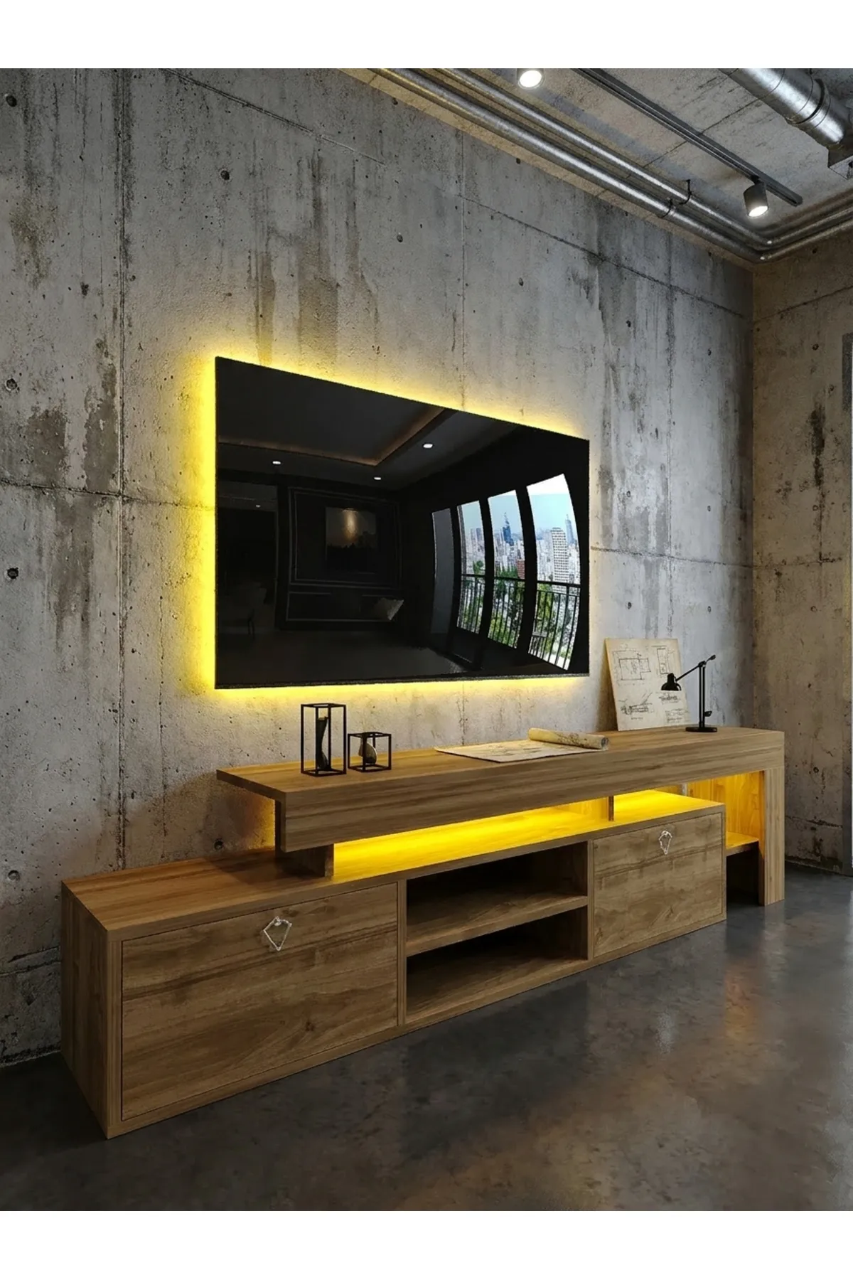 KARNAVAL LEDLİ TV ÜNİTESİ 177 cm Dolaplı Kapaklı Tv SehpasıCEVİZ L8200-2