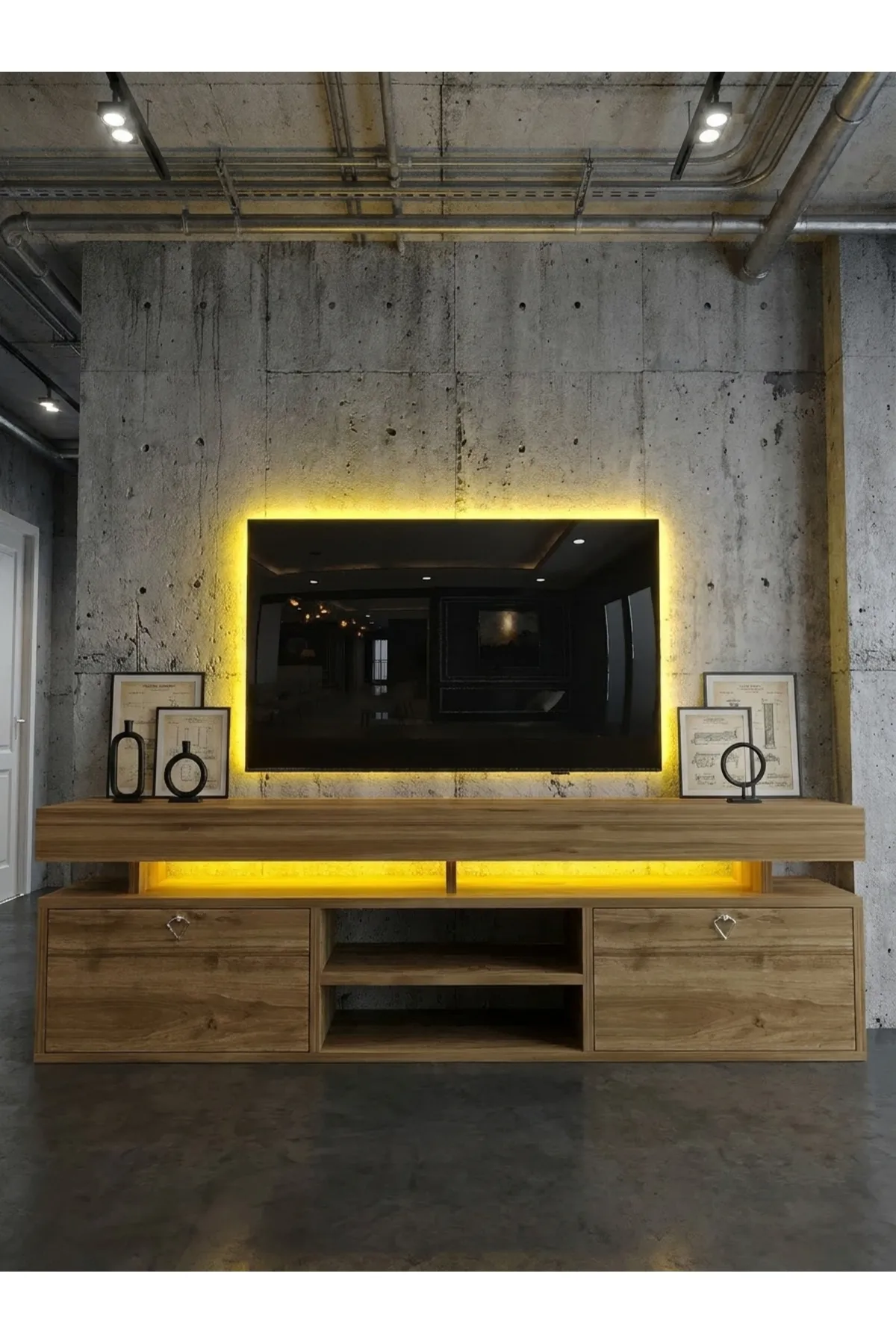 KARNAVAL LEDLİ TV ÜNİTESİ 150 cm Dolaplı Kapaklı Tv SehpasıCEVİZ L8202-2