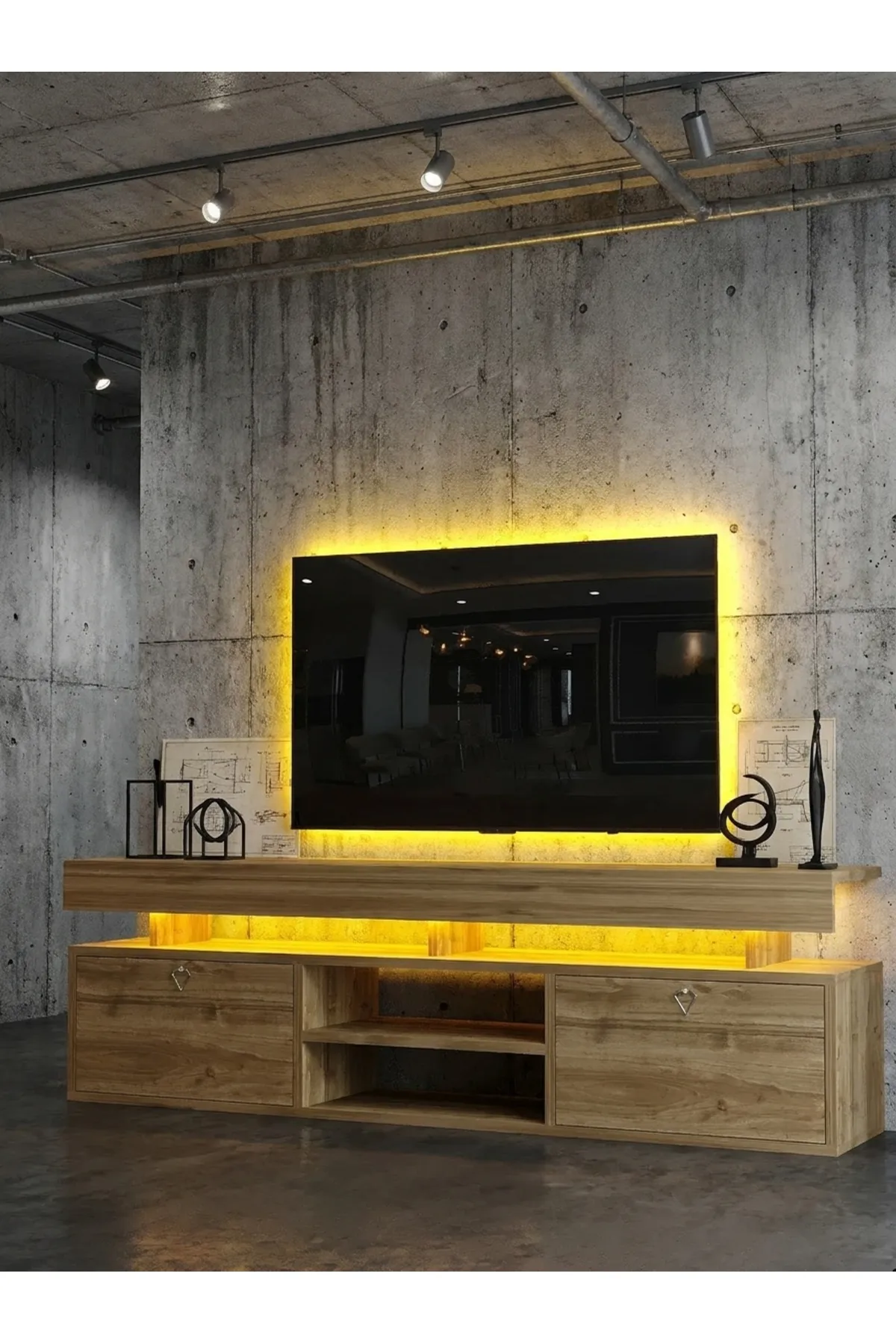 KARNAVAL LEDLİ TV ÜNİTESİ 150 cm Dolaplı Kapaklı Tv SehpasıCEVİZ L8202-2