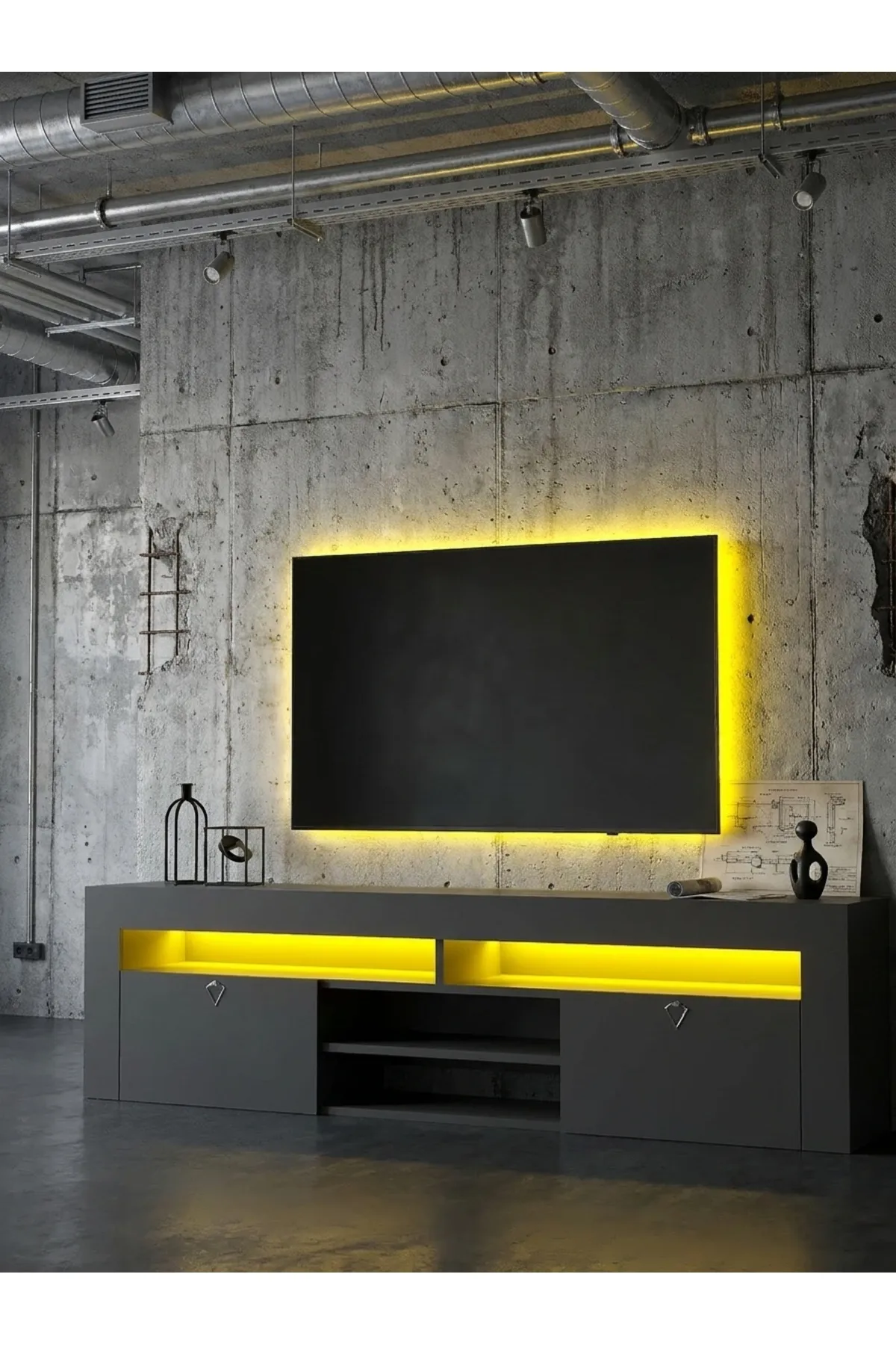 KARNAVAL LEDLİ TV ÜNİTESİ 180 cm Dolaplı Kapaklı Tv SehpasıANTRASİT L8201-4