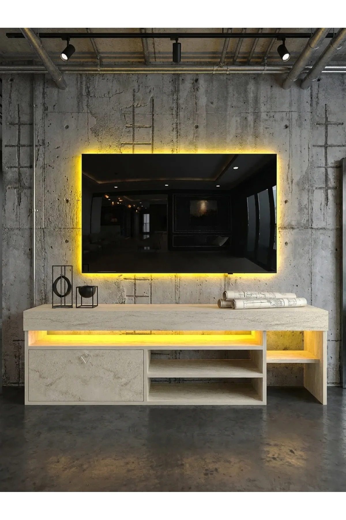 KARNAVAL LEDLİ TV ÜNİTESİ 150 cm Dolaplı Kapaklı Tv SehpasıTRAVERTEN L8206-8