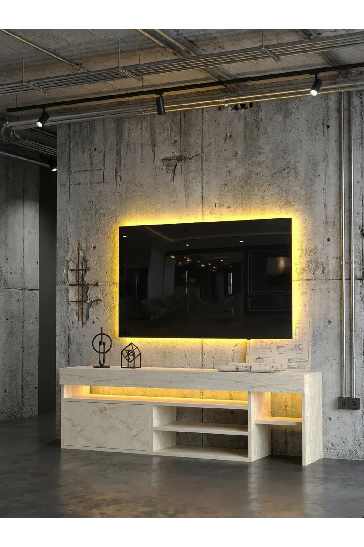 KARNAVAL LEDLİ TV ÜNİTESİ 150 cm Dolaplı Kapaklı Tv SehpasıTRAVERTEN L8206-8