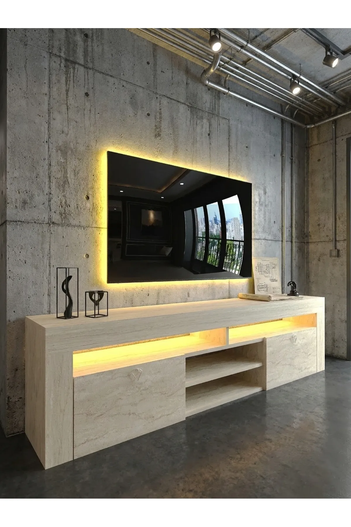 KARNAVAL LEDLİ TV ÜNİTESİ 180 cm Dolaplı Kapaklı Tv SehpasıTRAVERTEN L8201-8
