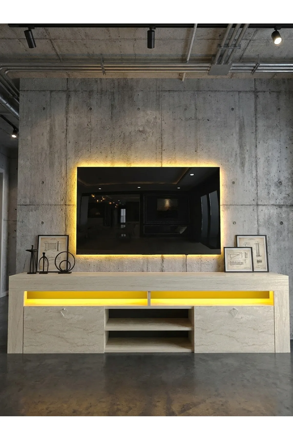 KARNAVAL LEDLİ TV ÜNİTESİ 180 cm Dolaplı Kapaklı Tv SehpasıTRAVERTEN L8201-8
