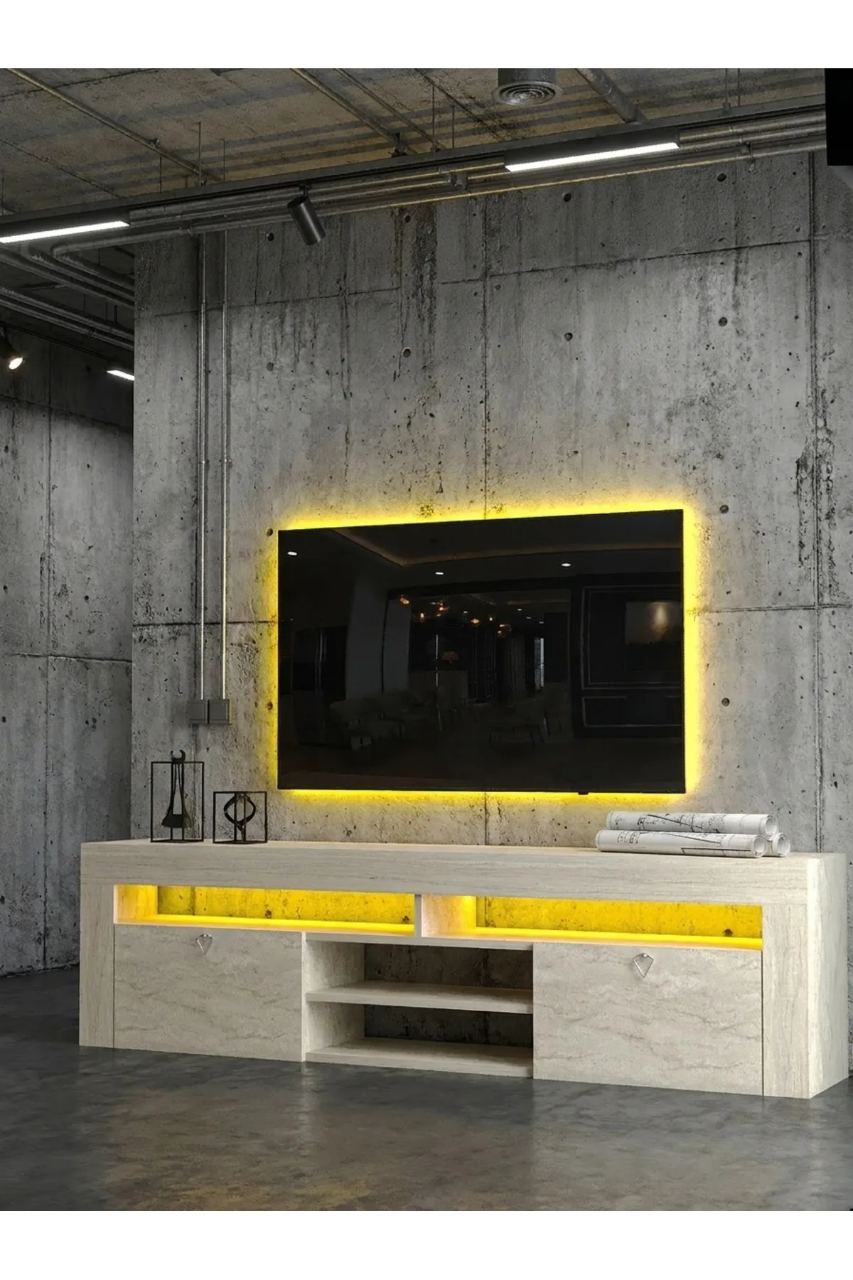 KARNAVAL LEDLİ TV ÜNİTESİ 180 cm Dolaplı Kapaklı Tv SehpasıTRAVERTEN L8201-8