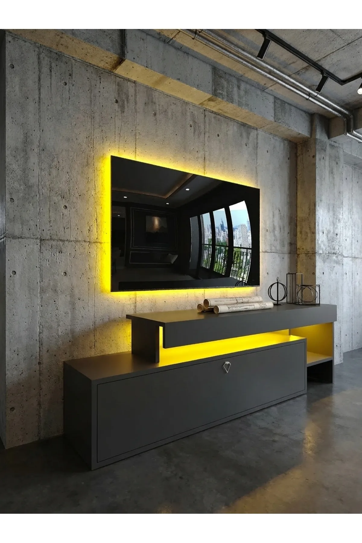 KARNAVAL LEDLİ TV ÜNİTESİ 147 cm Dolaplı Kapaklı Tv SehpasıANTRASİT L8204-4
