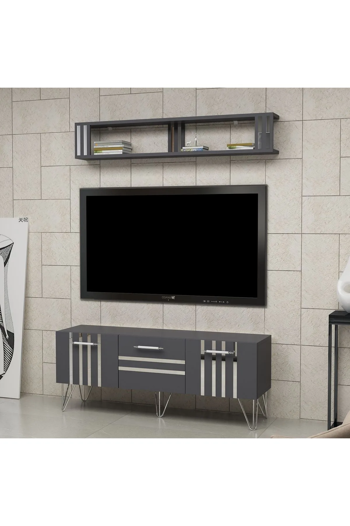 Hilt Tv Ünitesi Tv Sehpası Antrasit Gümüş ,duvar Raflı Kapaklı Tv Ünitesi
