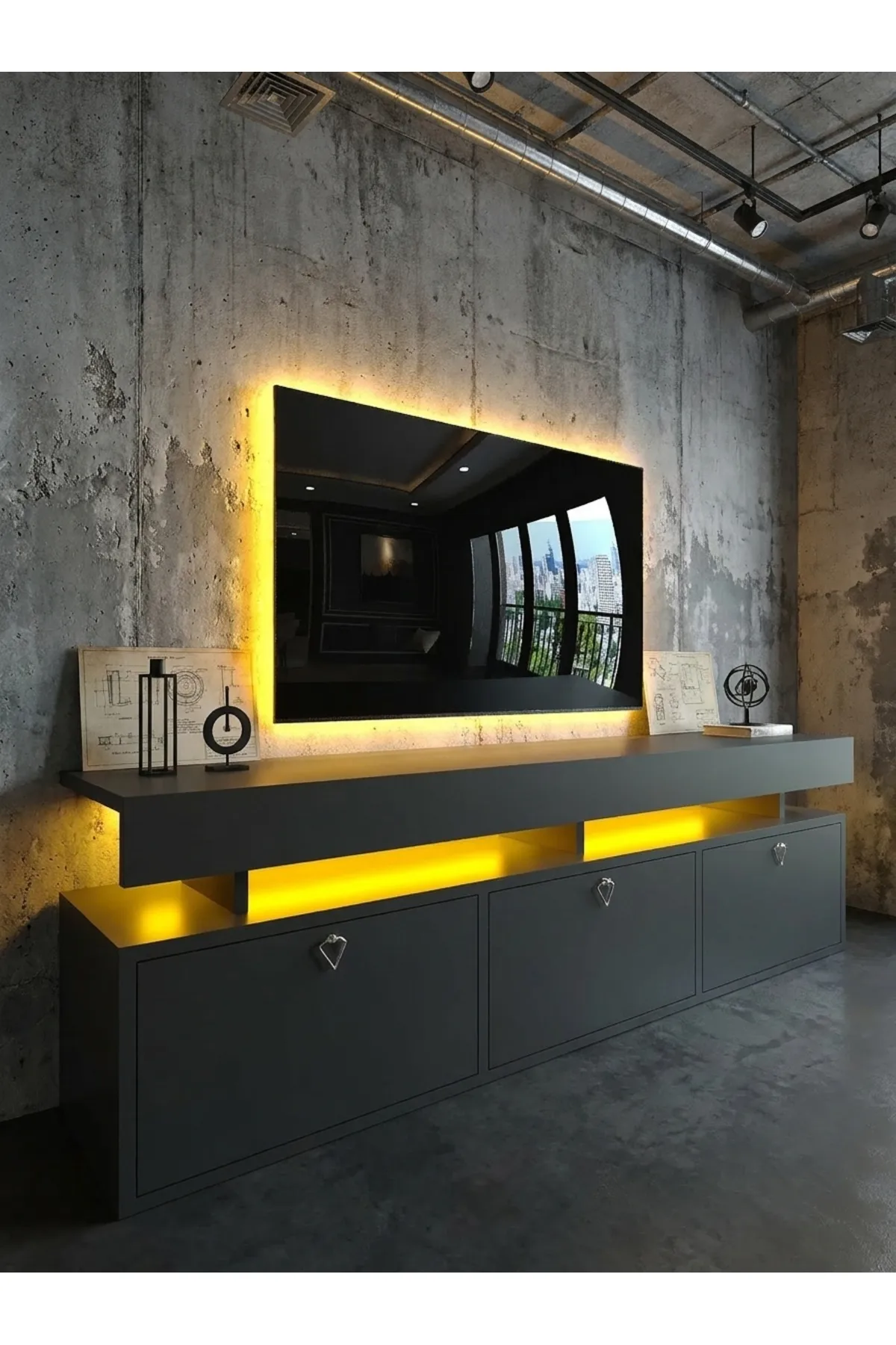 KARNAVAL LEDLİ TV ÜNİTESİ 150 cm Dolaplı Kapaklı Tv SehpasıANTRASİT L8203-4