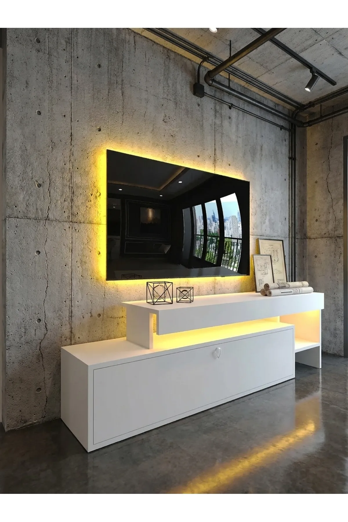 KARNAVAL LEDLİ TV ÜNİTESİ 147 cm Dolaplı Kapaklı Tv SehpasıBEYAZ L8204-1
