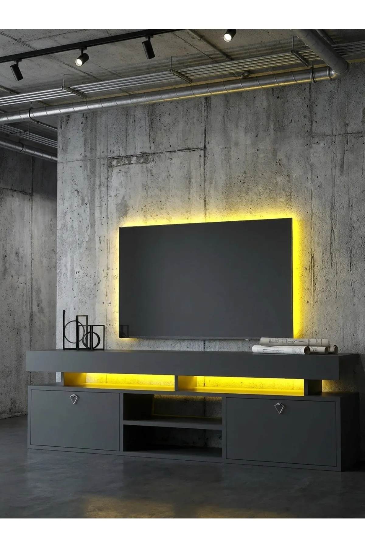 KARNAVAL LEDLİ TV ÜNİTESİ 150 cm Dolaplı Kapaklı Tv Sehpası ANTRASİT L8202-4