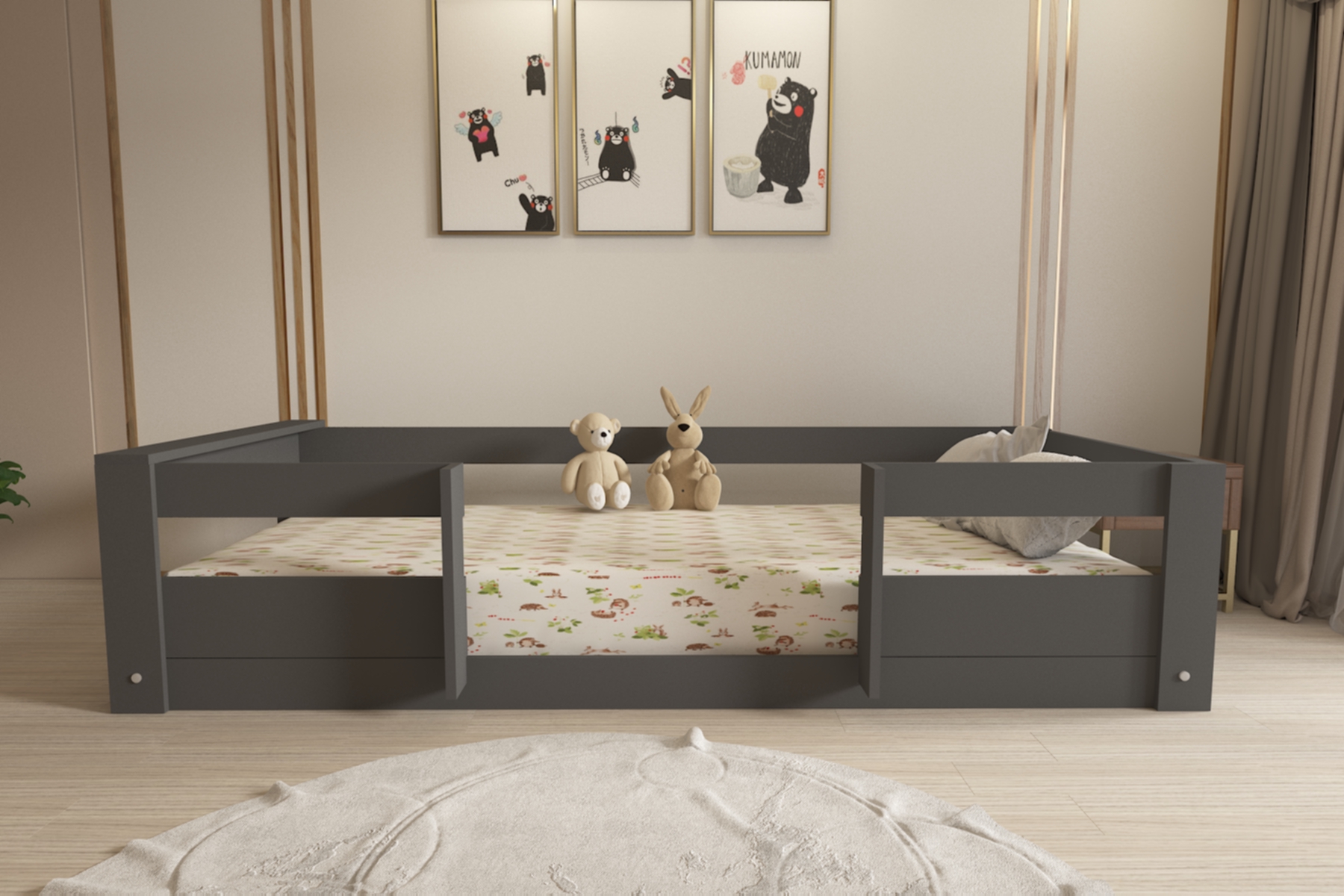 Montessori Antrasit Çocuk Karyolası 90x190 Yatak Uyumlu M7