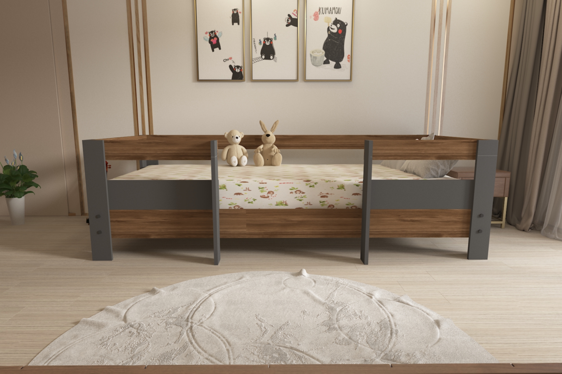 Montessori Ceviz-antrasit Çocuk Karyolası 90x190 Yatak Uyumlu M5