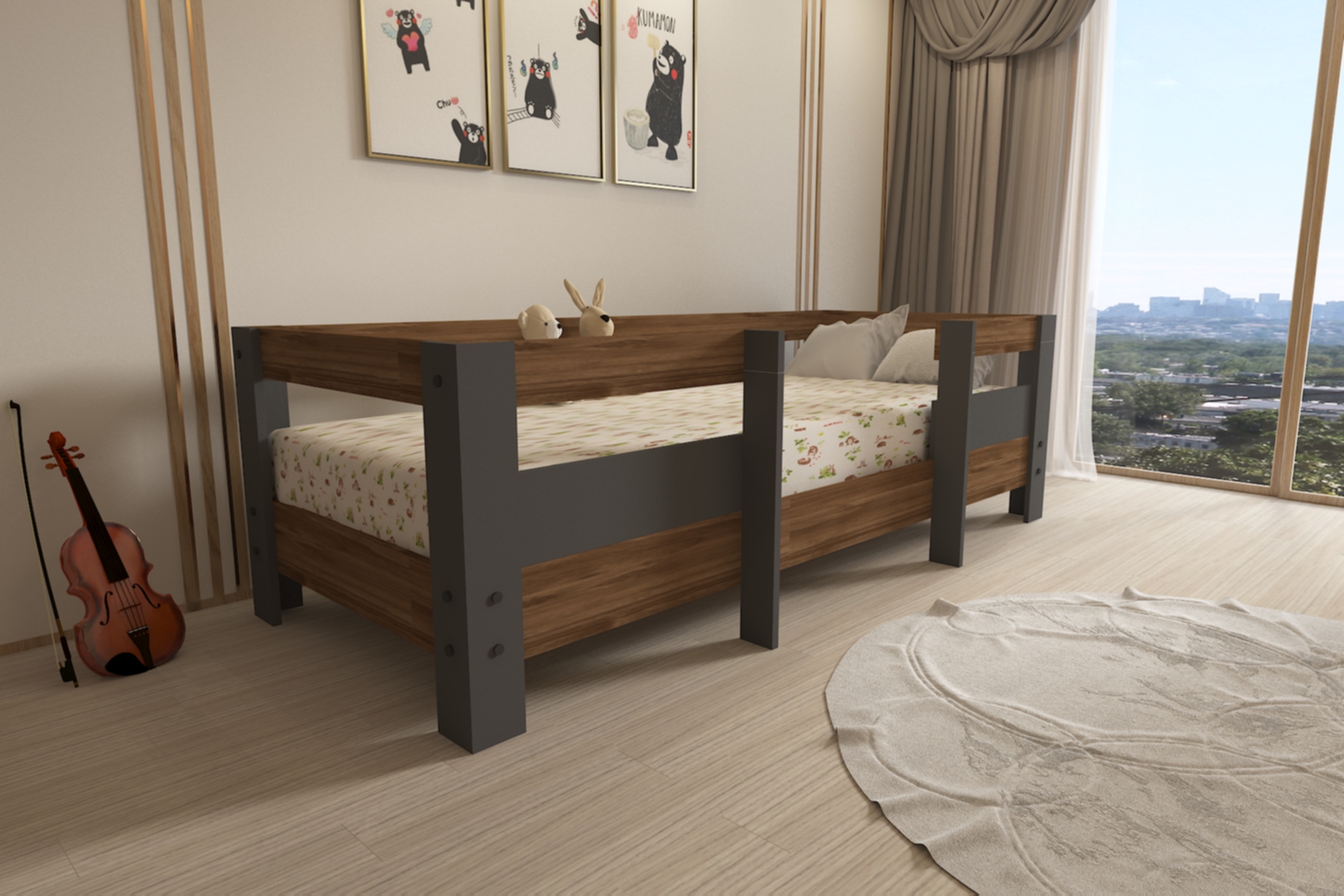Montessori Ceviz-antrasit Çocuk Karyolası 90x190 Yatak Uyumlu M5