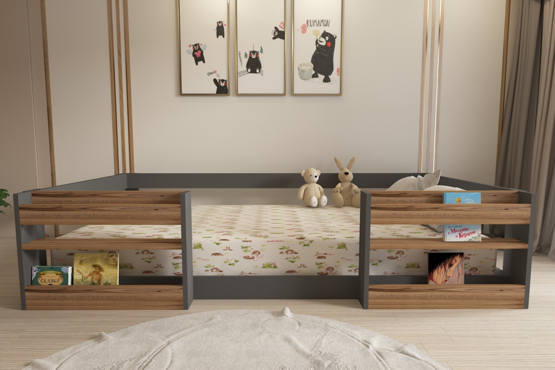 Montessori Kitaplıklı Raflı Antrasit-çırağan Çocuk Karyolası 90x190 Yatak Uyumlu M6