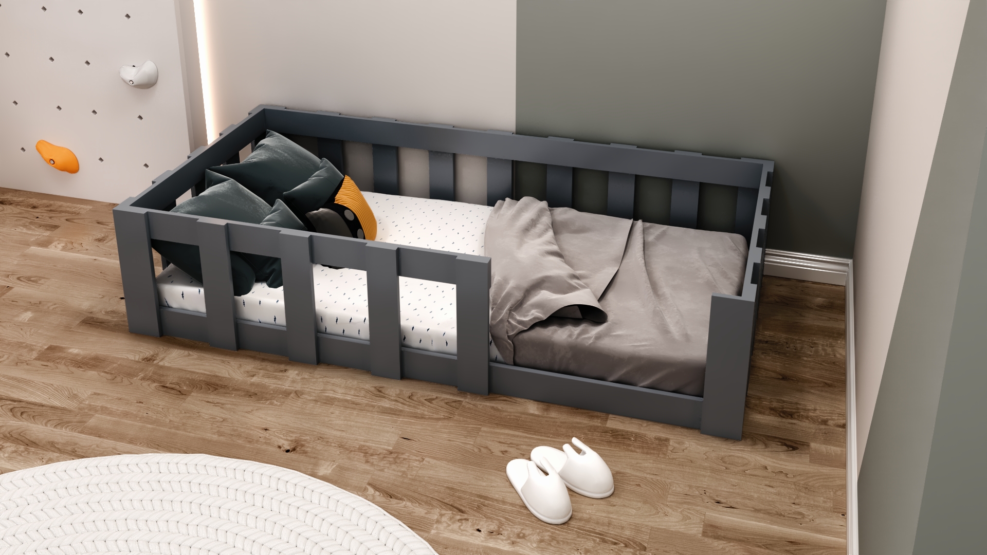 Montessori Antrasit Çocuk Karyolası 90x190 Yatak Uyumlu Y10