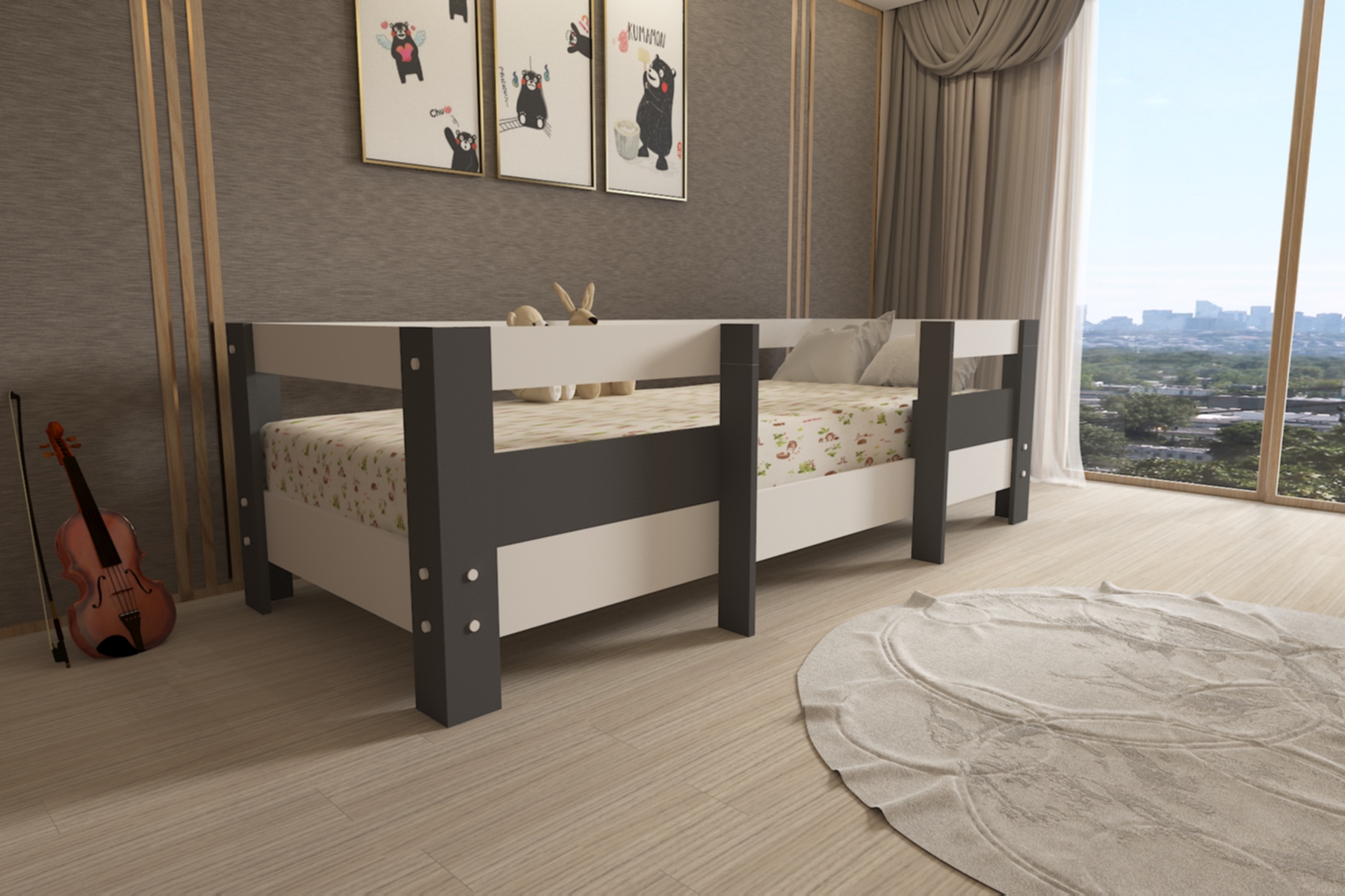 Montessori Beyaz-Antrasit Çocuk Karyolası 90x190 Yatak Uyumlu M5