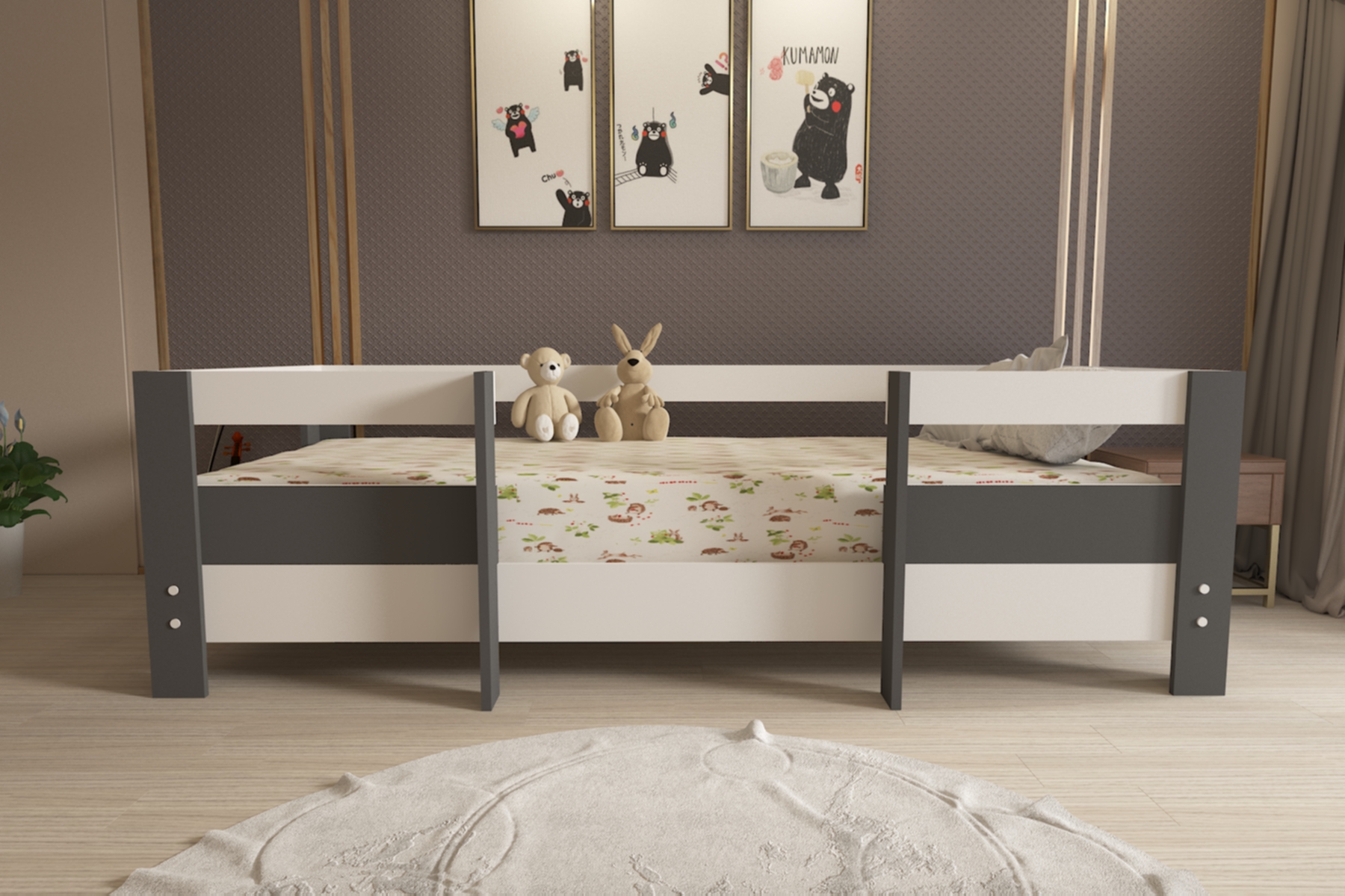 Montessori Beyaz-Antrasit Çocuk Karyolası 90x190 Yatak Uyumlu M5