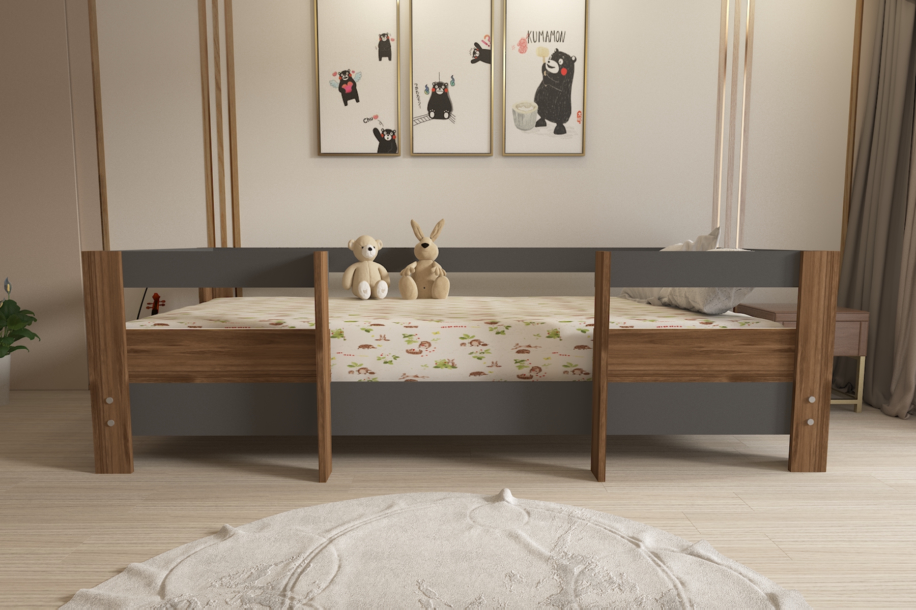 Montessori Antrasit-Ceviz Çocuk Karyolası 90x190 Yatak Uyumlu M5