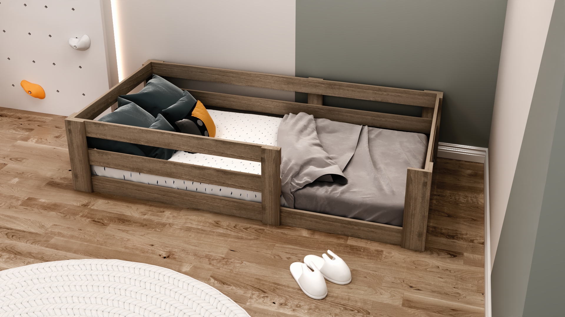 Montessori Ceviz Çocuk Karyolası 90x190 Yatak Uyumlu Y19