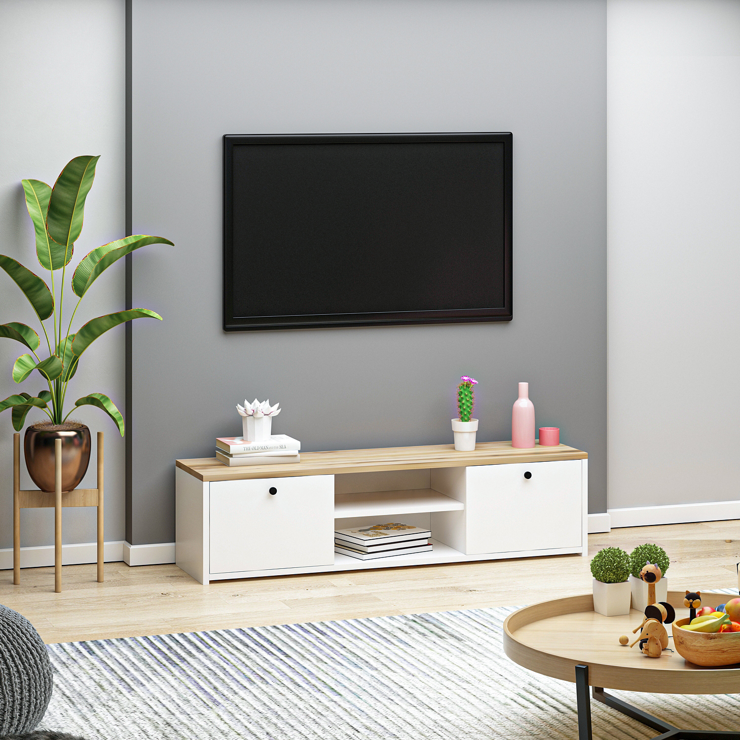 Kapaklı Raflı Beyaz Çırağan Tv Ünitesi ve Tv Sehpası