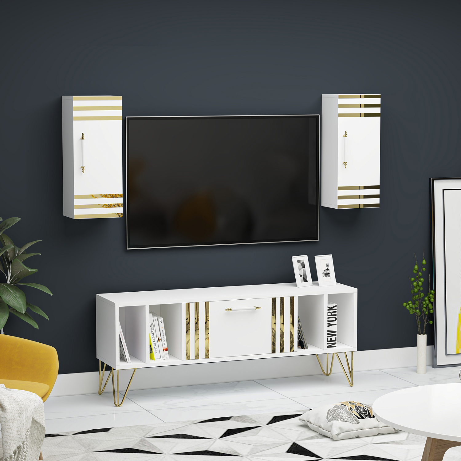 Doğa Kapaklı Raflı Beyaz MDF Tv Ünitesi & Tv Sehpası