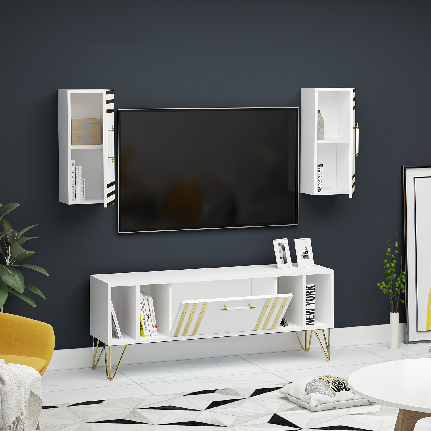 Doğa Kapaklı Raflı Beyaz MDF Tv Ünitesi & Tv Sehpası
