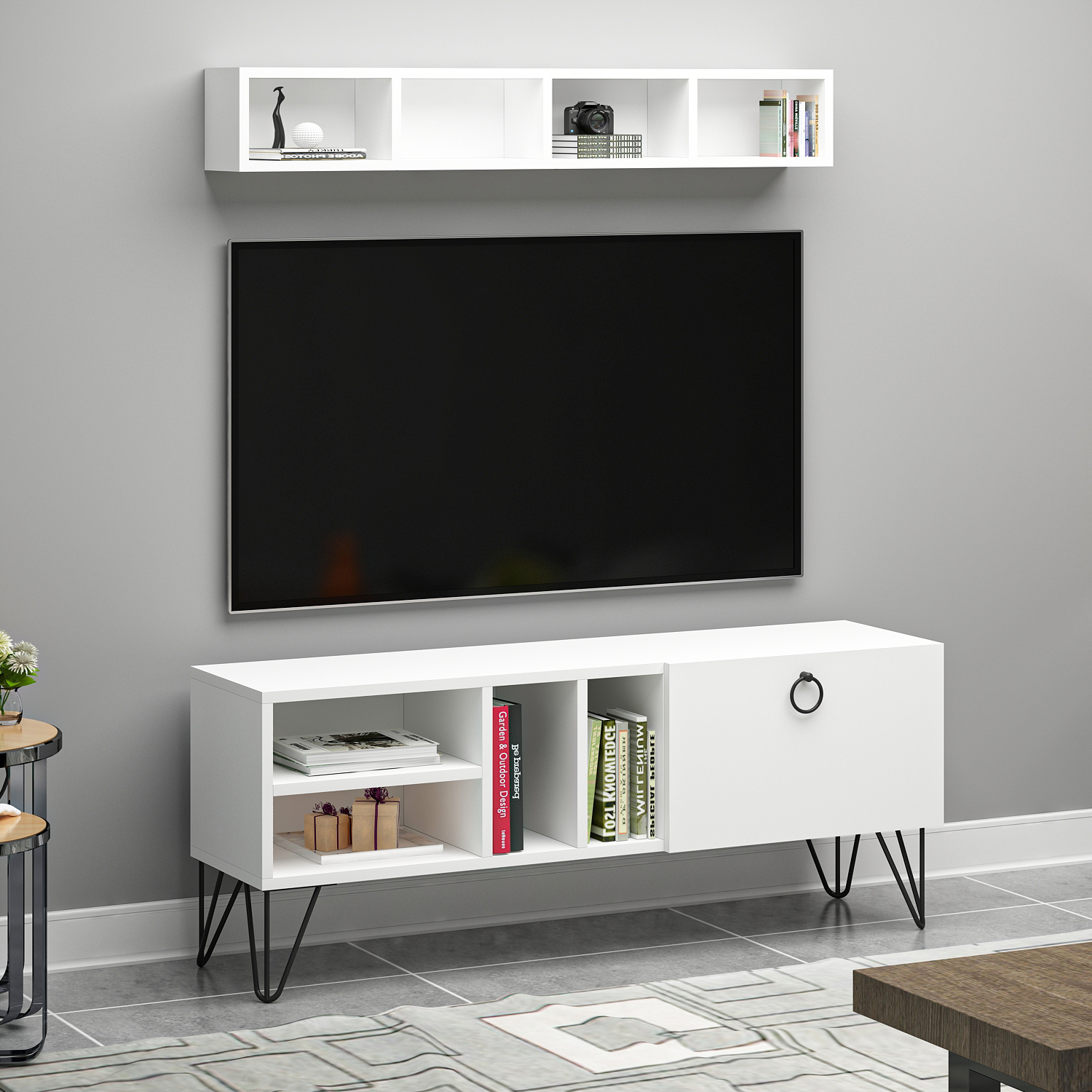 Kalimba Kapaklı Raflı Beyaz MDF Tv Ünitesi & Tv Sehpası