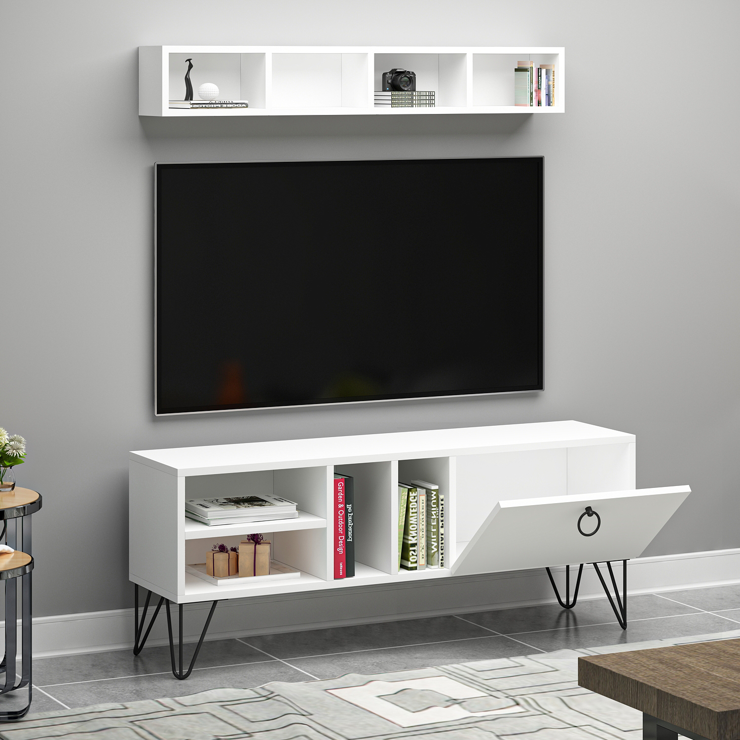 Kalimba Kapaklı Raflı Beyaz MDF Tv Ünitesi & Tv Sehpası