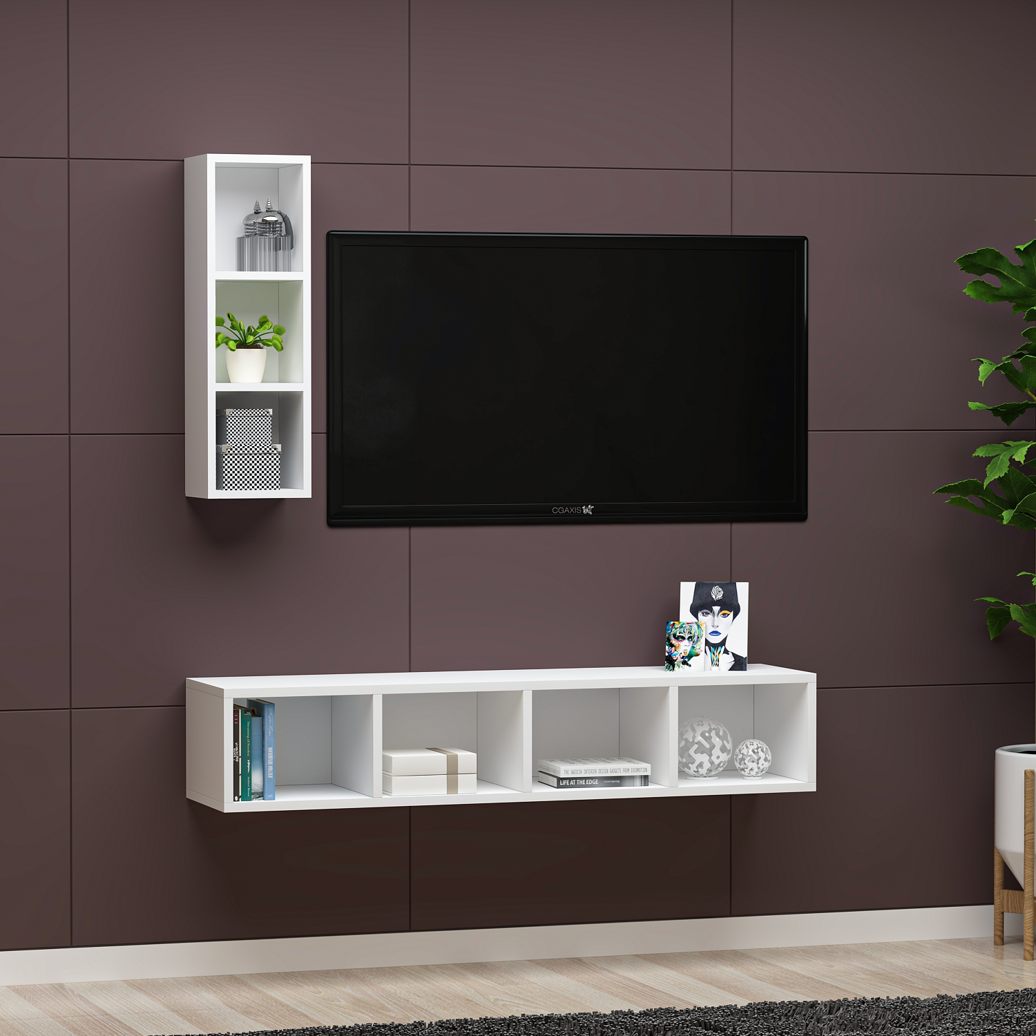 Mira Duvar Rafı Beyaz MDF Raflı Tv Ünitesi & Tv Sehpası