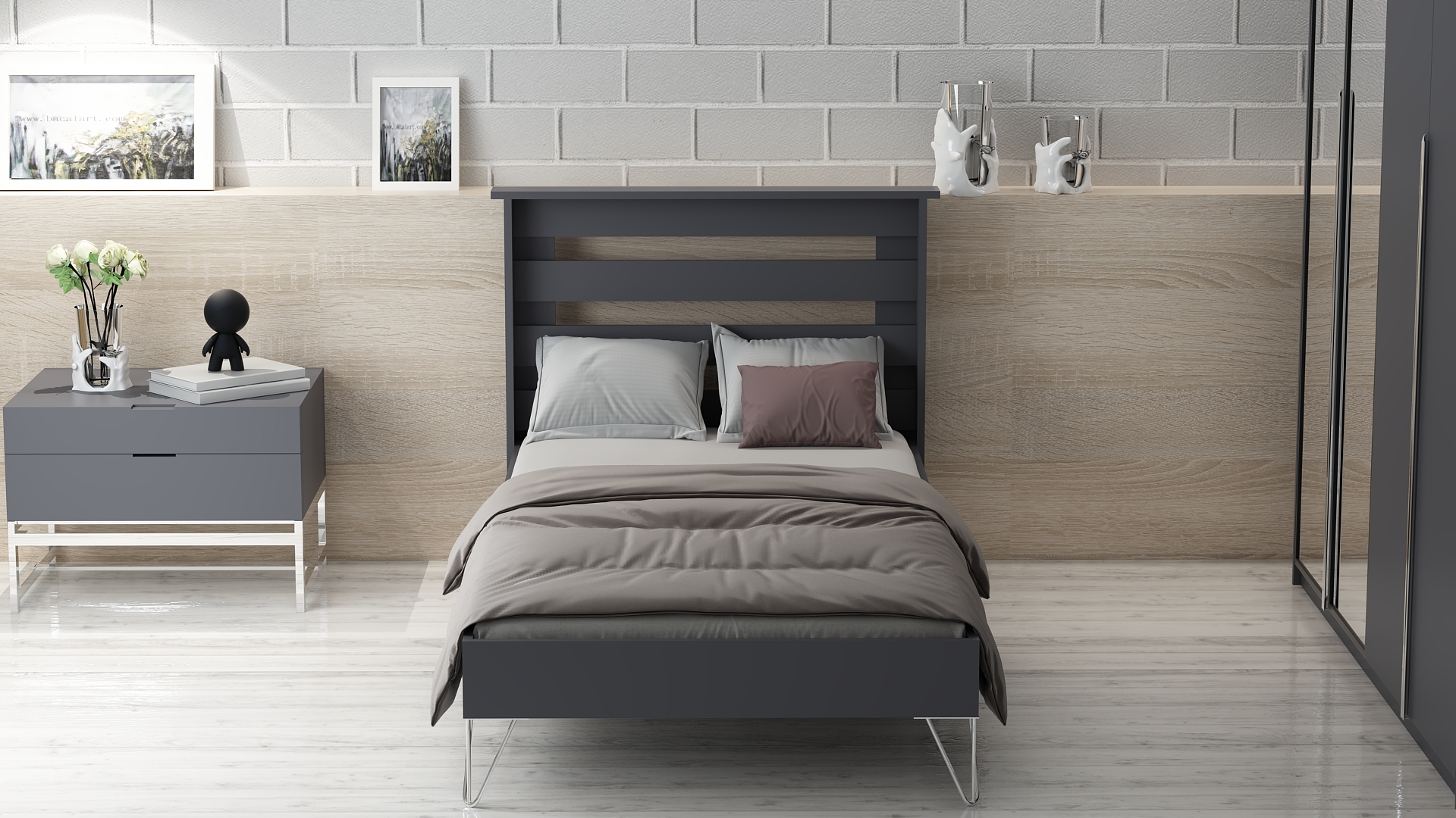 Murti 90X190 Tek Kişilik Yatak Antrasit Karyola Gümüş Ayak
