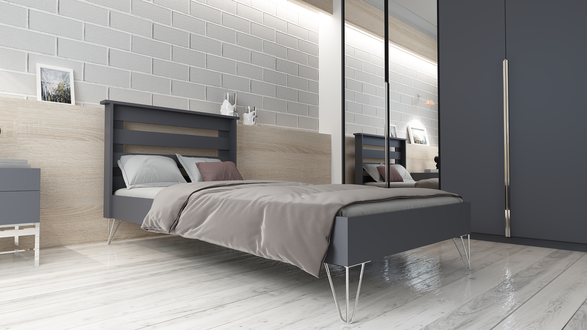 Murti 90X190 Tek Kişilik Yatak Antrasit Karyola Gümüş Ayak