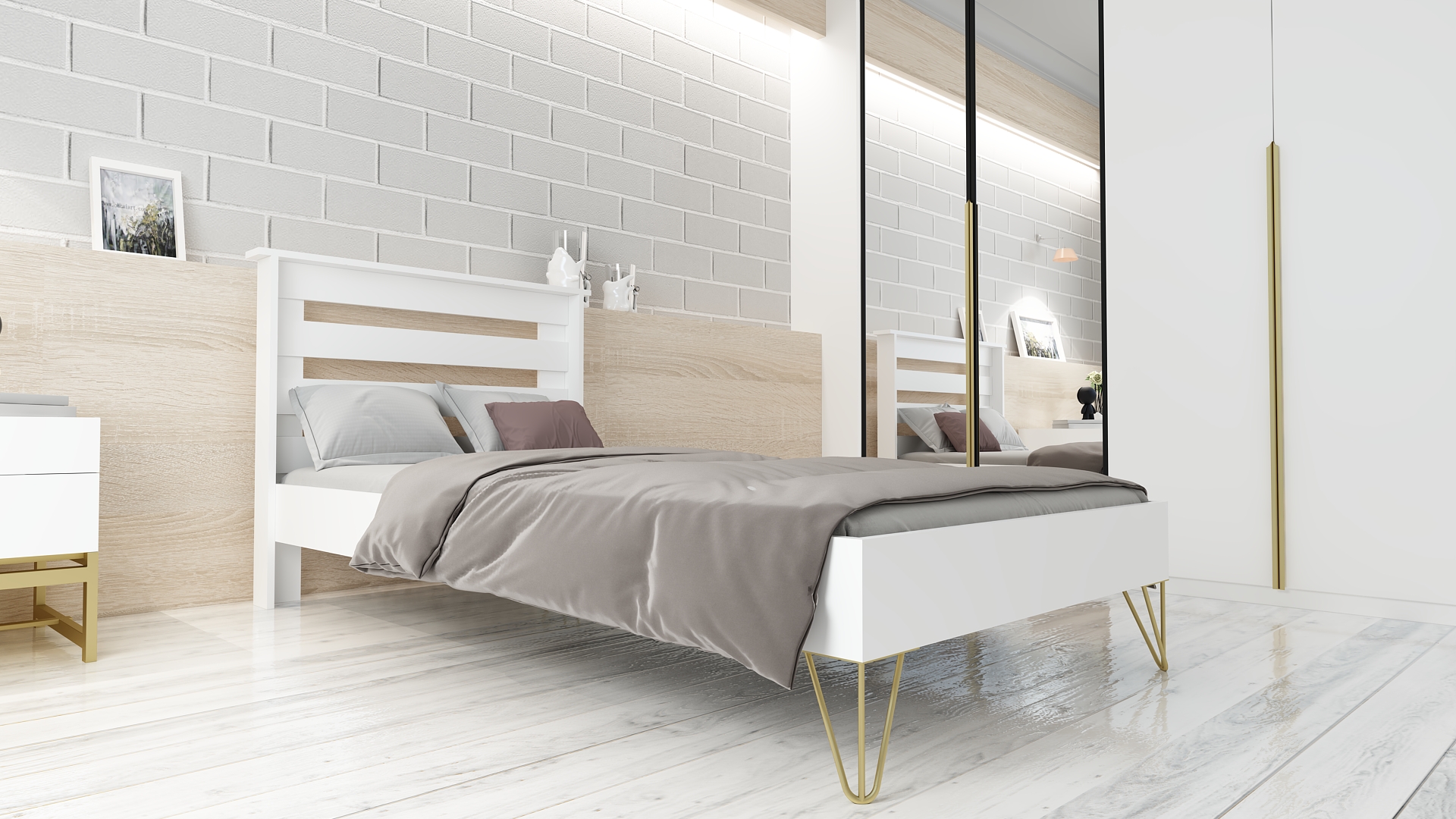 Meloni 90X190 Beyaz Tek Kişilik Yatak Beyaz Karyola Gold Ayak