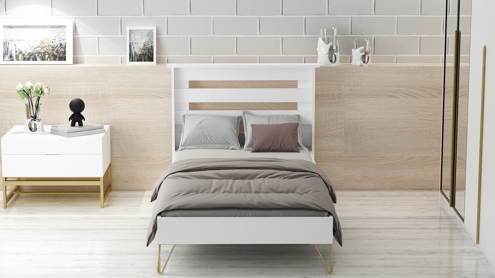 Meloni 90X190 Beyaz Tek Kişilik Yatak Beyaz Karyola Gold Ayak