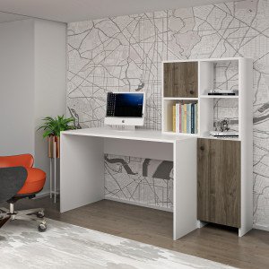 Neptün Kitaplıklı Fonksiyonel Çalışma Masası Beyaz Ceviz