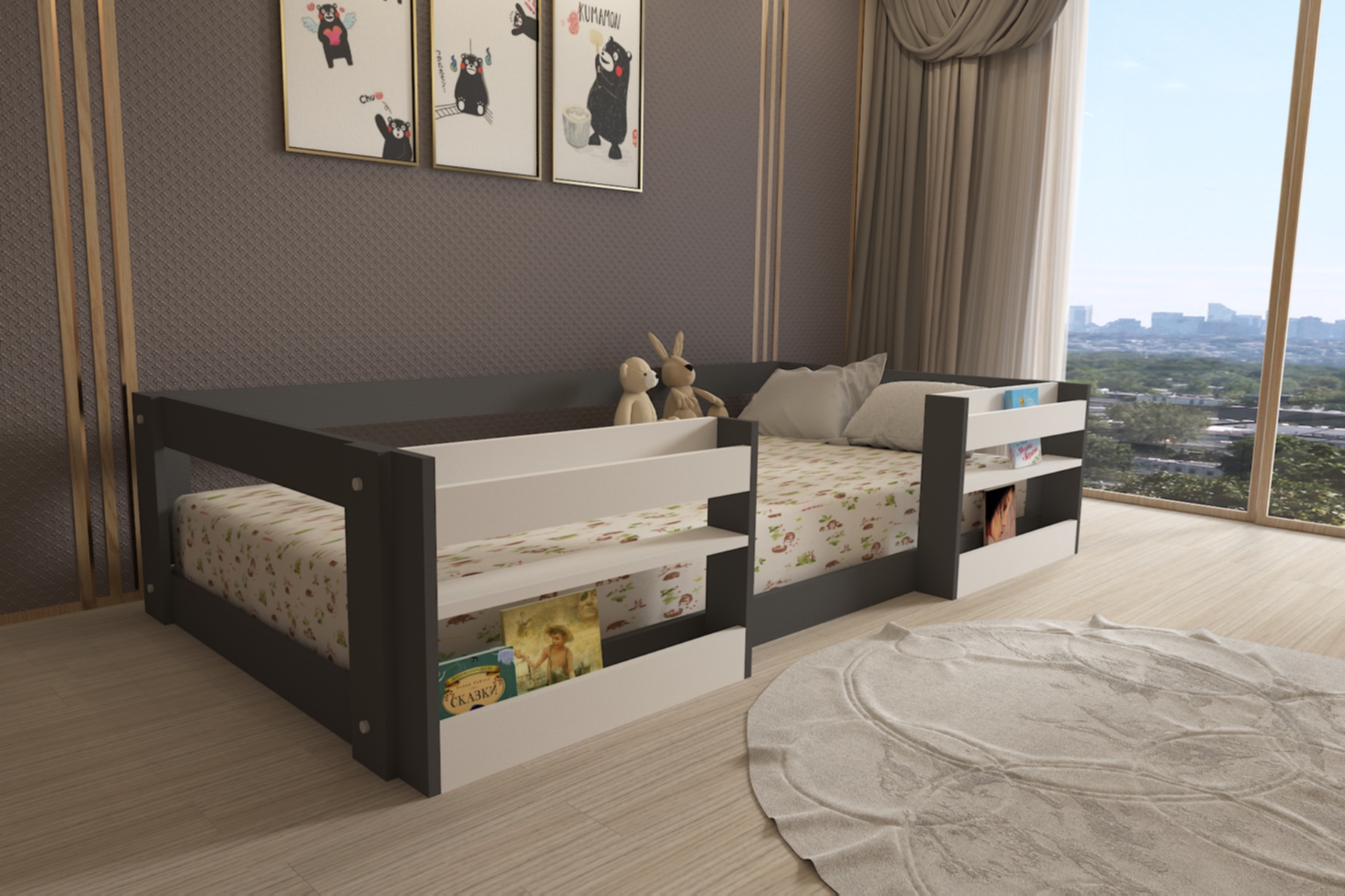 Montessori Kitaplıklı Raflı Antrasit Beyaz Çocuk Karyolası 90x190 Yatak Uyumlu M6