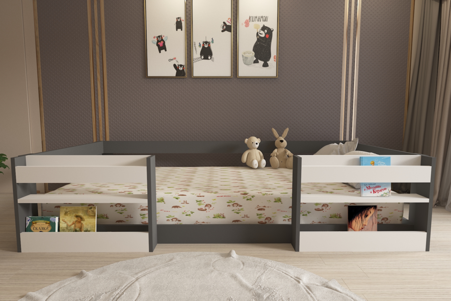 Montessori Kitaplıklı Raflı Antrasit Beyaz Çocuk Karyolası 90x190 Yatak Uyumlu M6