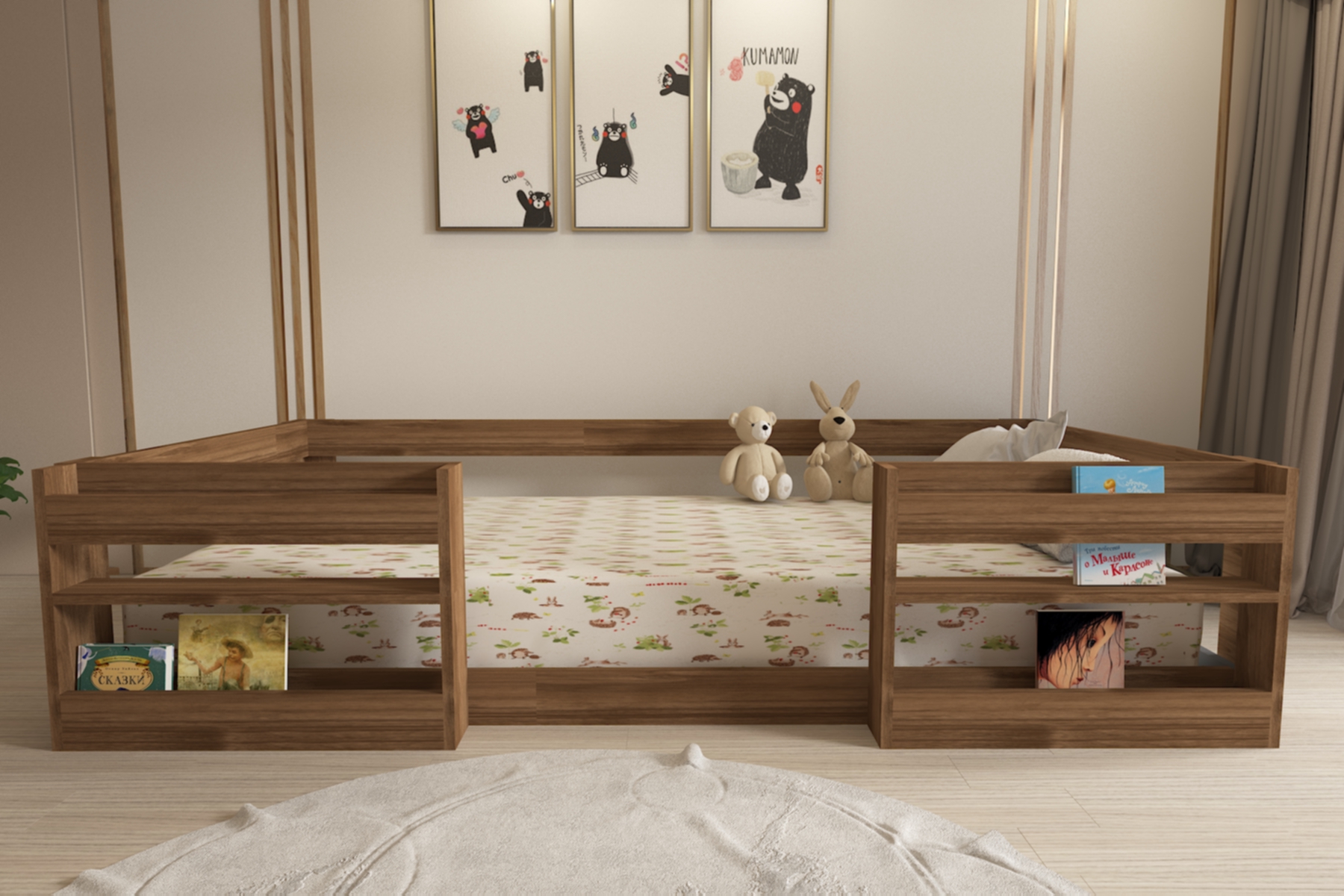 Ninnimo 90x190 Yatak Uyumlu Ceviz Kitaplıklı Montessori Karyola- M6-2