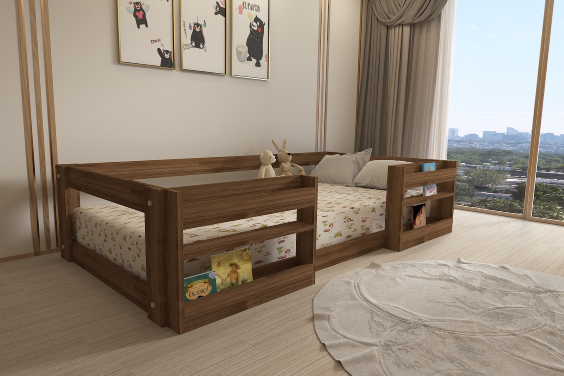 Ninnimo 90x190 Yatak Uyumlu Ceviz Kitaplıklı Montessori Karyola- M6-2