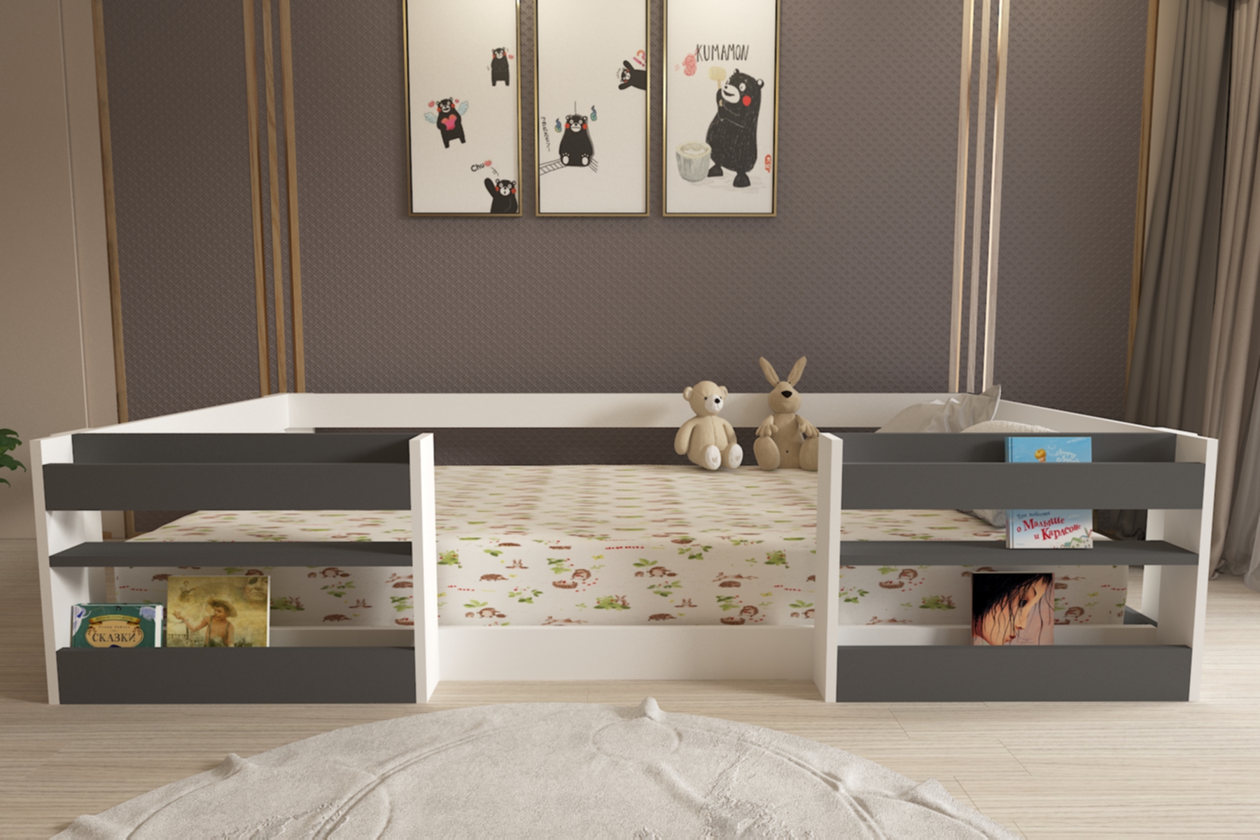 Montessori Kitaplıklı Raflı Beyaz-antrasit Çocuk Karyolası 90x190 Yatak Uyumlu M6