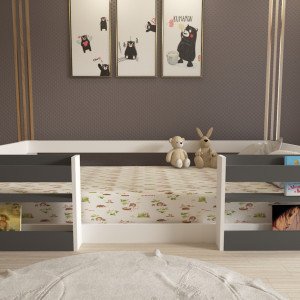 Montessori Kitaplıklı Raflı Beyaz-antrasit Çocuk Karyolası 90x190 Yatak Uyumlu M6