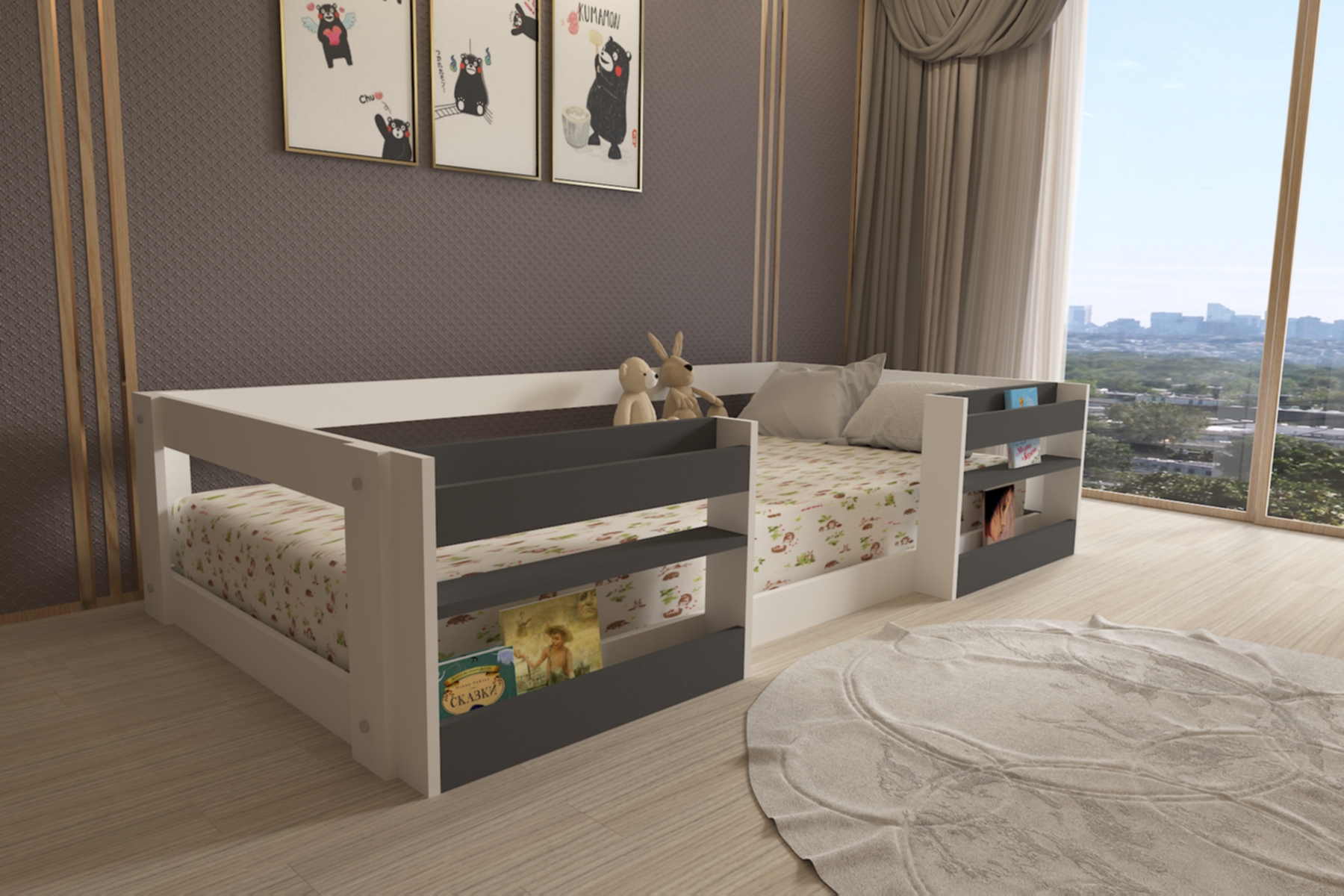 Montessori Kitaplıklı Raflı Beyaz-antrasit Çocuk Karyolası 90x190 Yatak Uyumlu M6