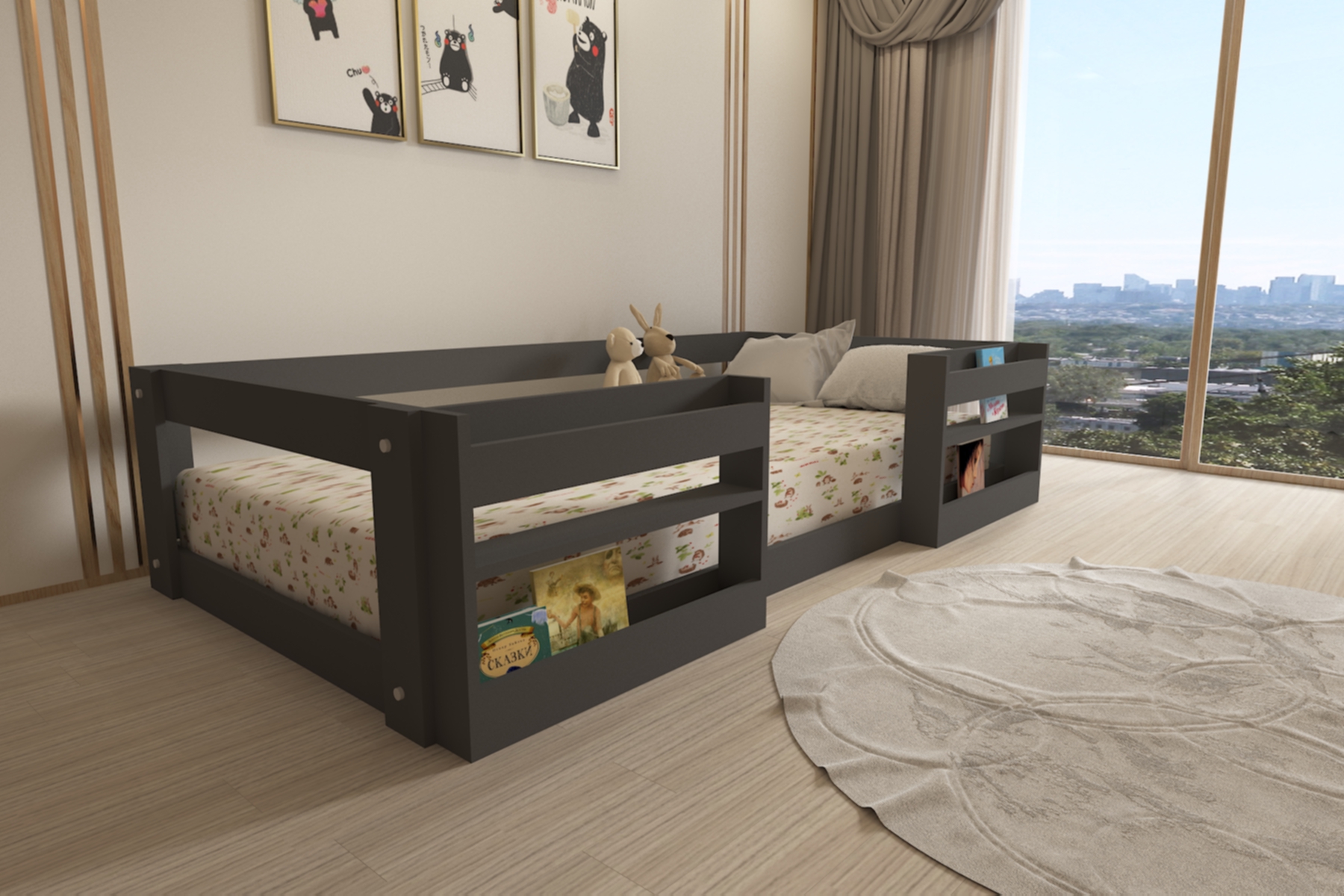 Montessori Kitaplıklı Raflı Antrasit Çocuk Karyolası 90x190 Yatak Uyumlu M6
