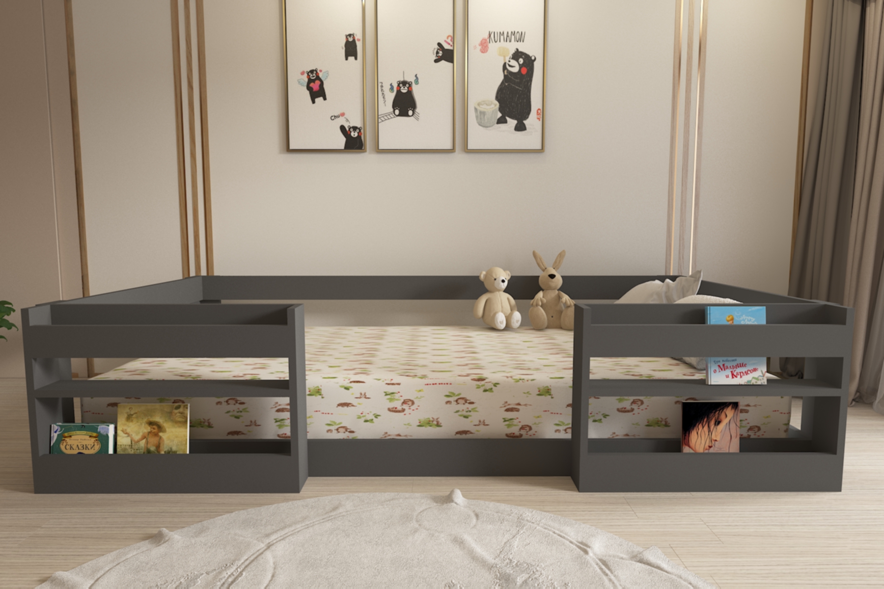 Montessori Kitaplıklı Raflı Antrasit Çocuk Karyolası 90x190 Yatak Uyumlu M6