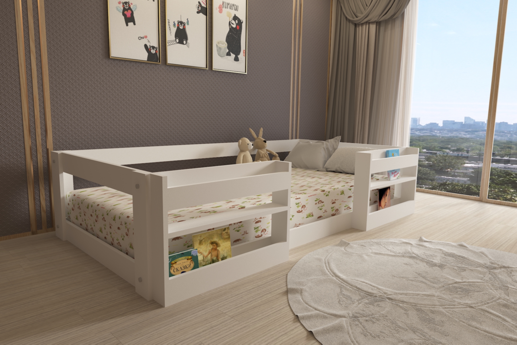 Montessori Kitaplıklı Raflı Beyaz Mdf Çocuk Karyolası 90x190 Yatak Uyumlu M6
