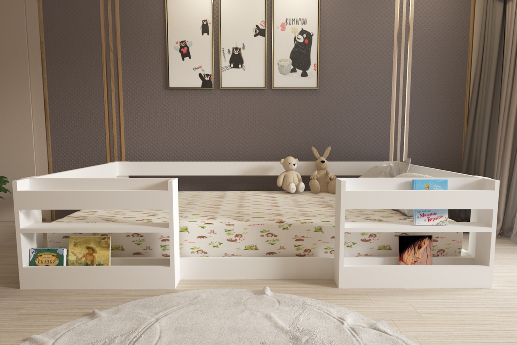 Montessori Kitaplıklı Raflı Beyaz Mdf Çocuk Karyolası 90x190 Yatak Uyumlu M6