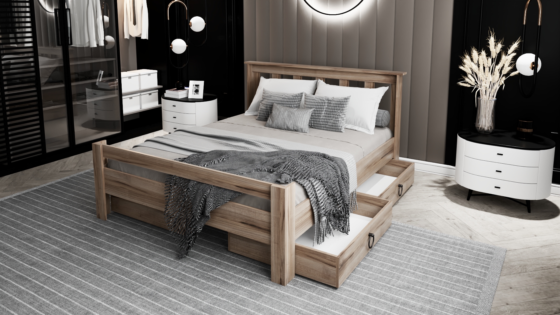 Ninnimo Arya Çift Kişilik 160x200 Yatak Uyumlu Çırağan Çekmeceli Karyola - AÇY-3